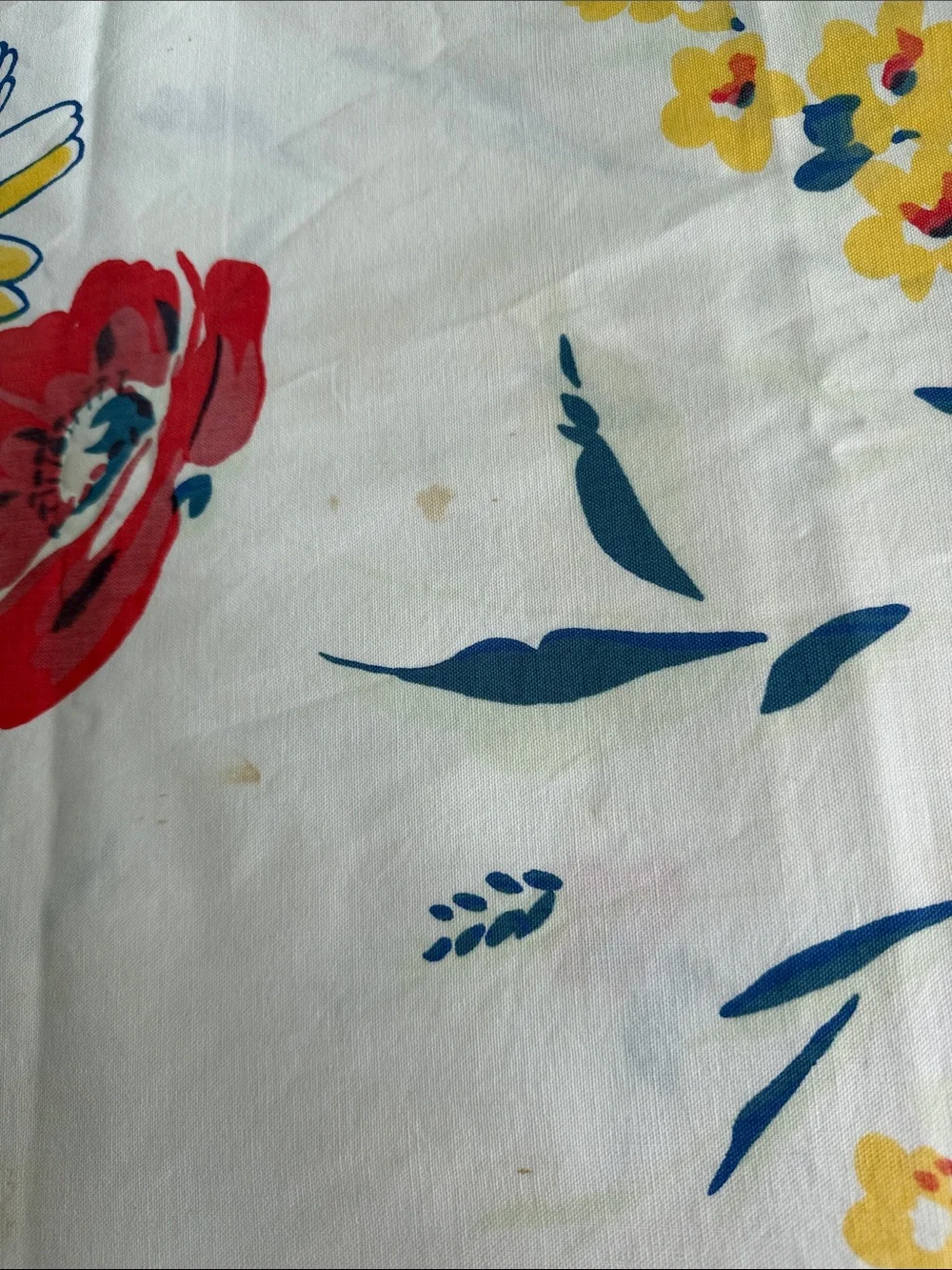 Vintage 50s Floral Tablecloth 64 x 52 Red Yellow Blue Cotton Kitchen Linen